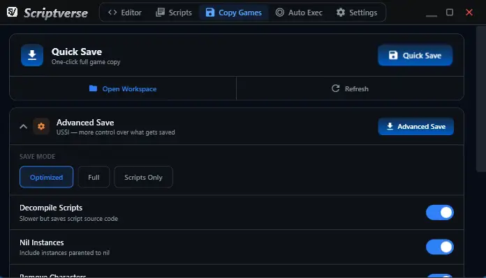 Copy Games — quick save and advanced USSI options