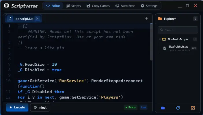 Scriptverse script editor with Lua highlighting